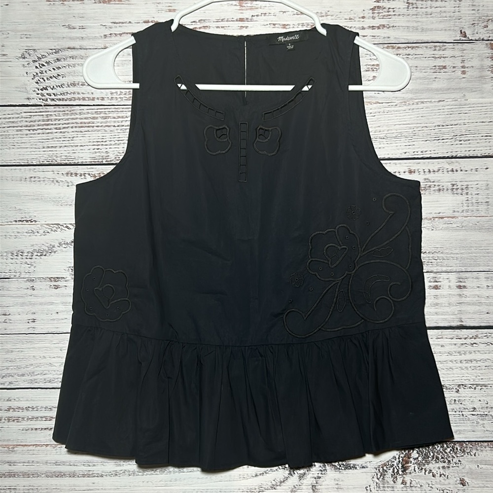 Madewell Embroidered Sleeveless Peplum Black Tank Top Small - Picture 6 of 16
